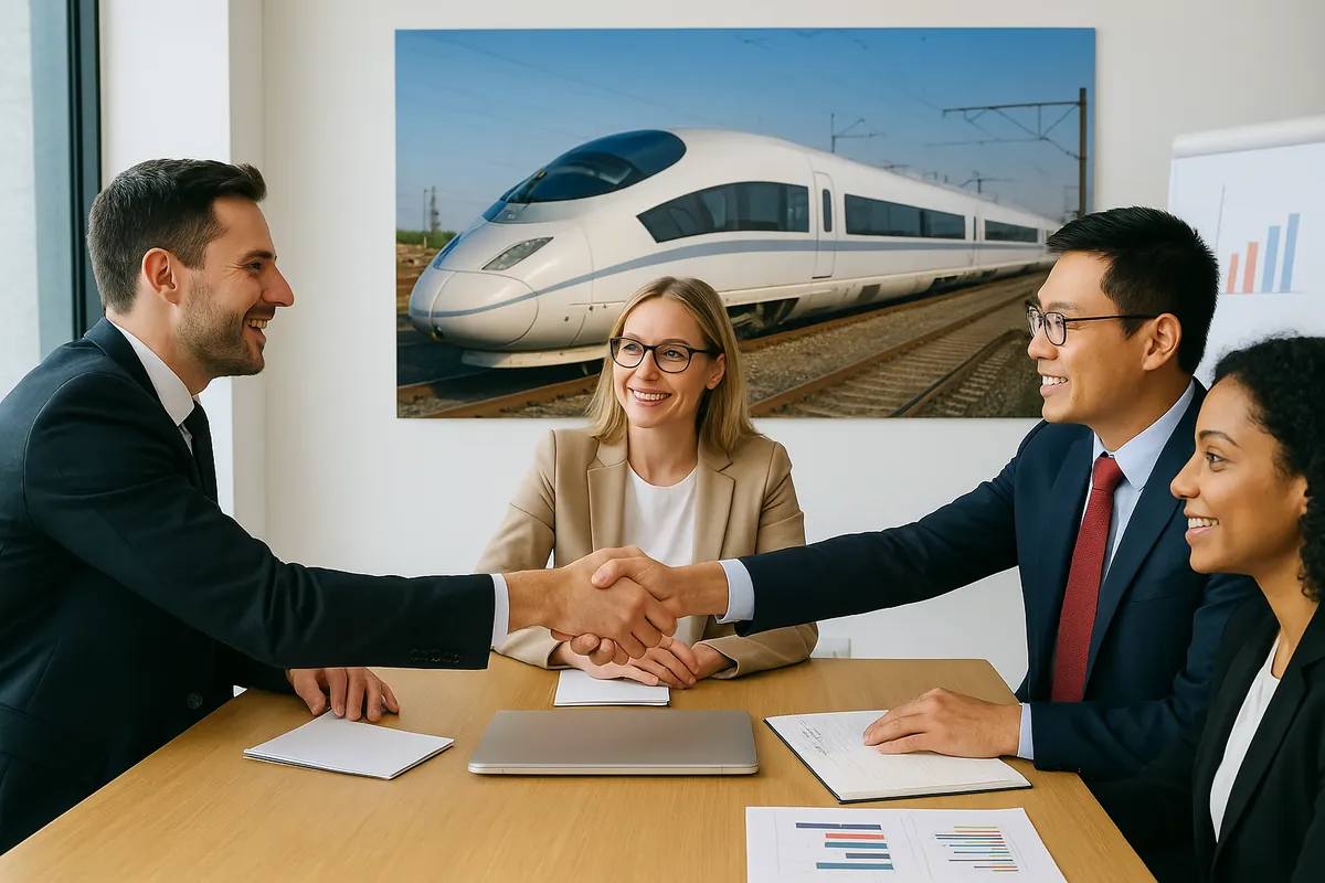Parteneri de afaceri dând mâna într-o sală de ședințe, cu un tren de mare viteză pe perete