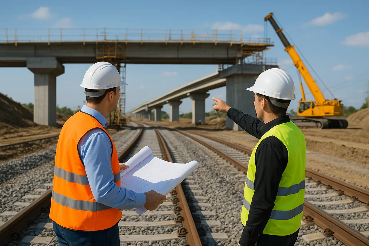 Doi ingineri pe un șantier feroviar lângă un viaduct în construcție